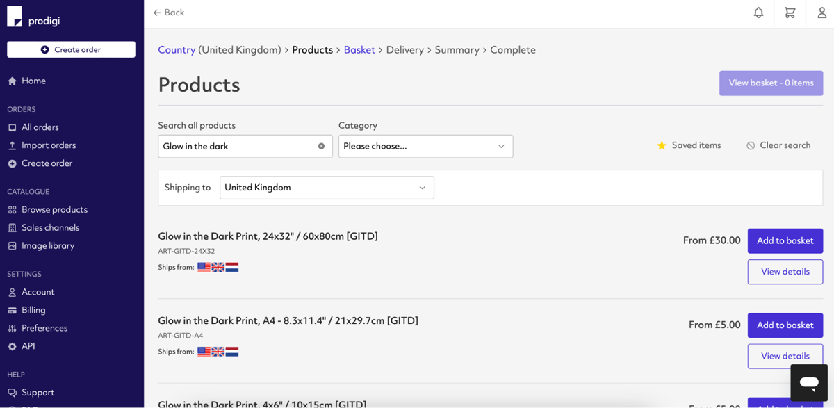 Glow in the dark prints in Prodigi online ordering