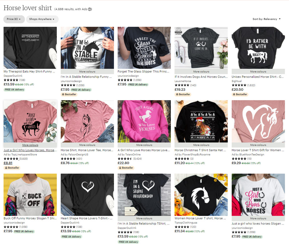 'Horse lover shirt' search on Etsy