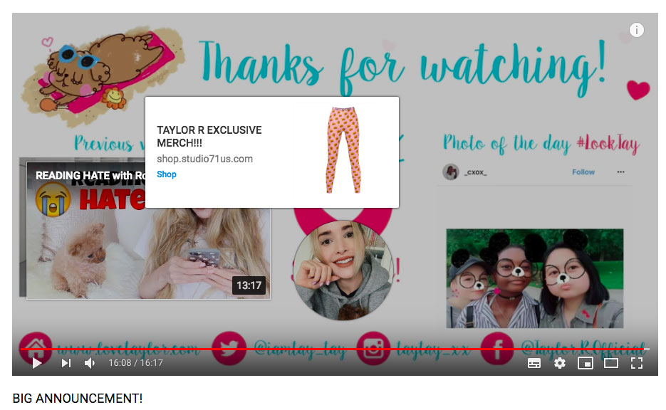 Announcement card at the end of a YouTube video