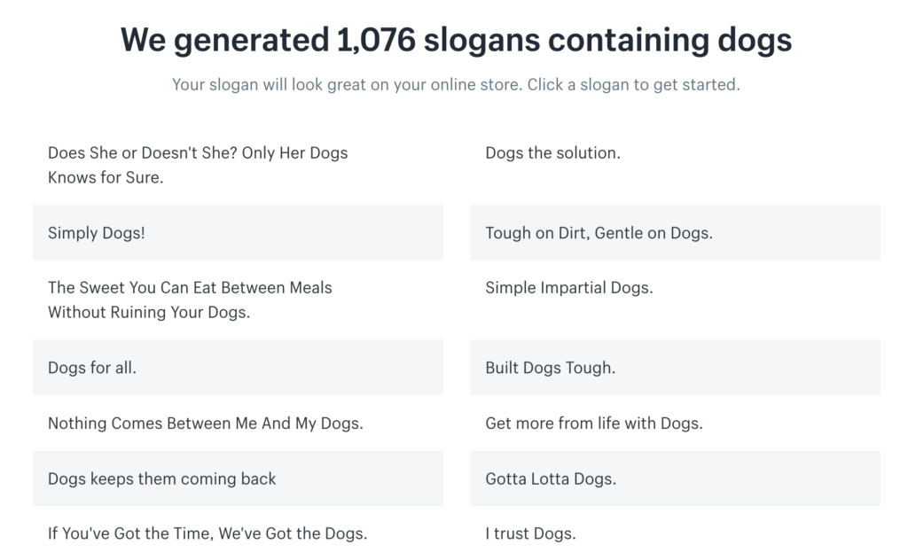 Shopify’s Free slogan maker results