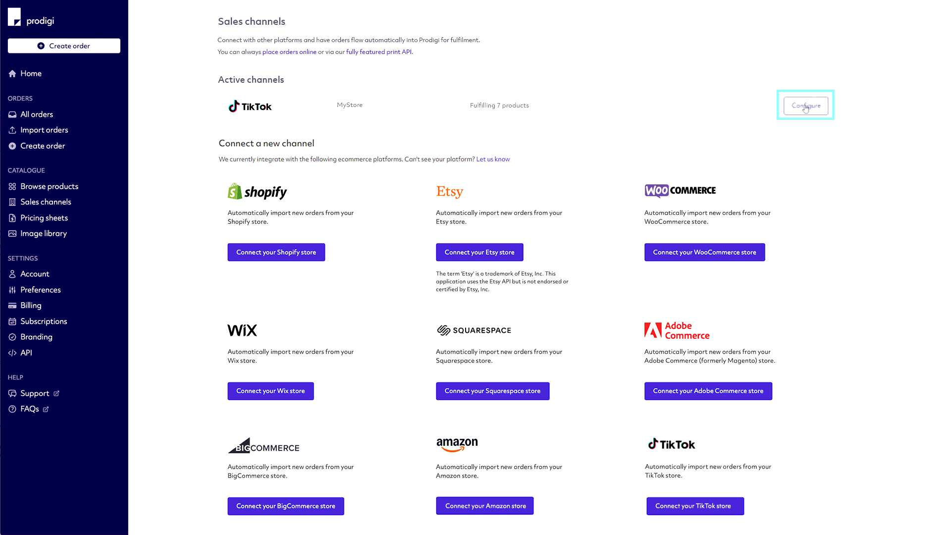 Prodigi sales channels with an active channel